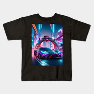 Dark Neon Sports Car in Asian Neon City Kids T-Shirt